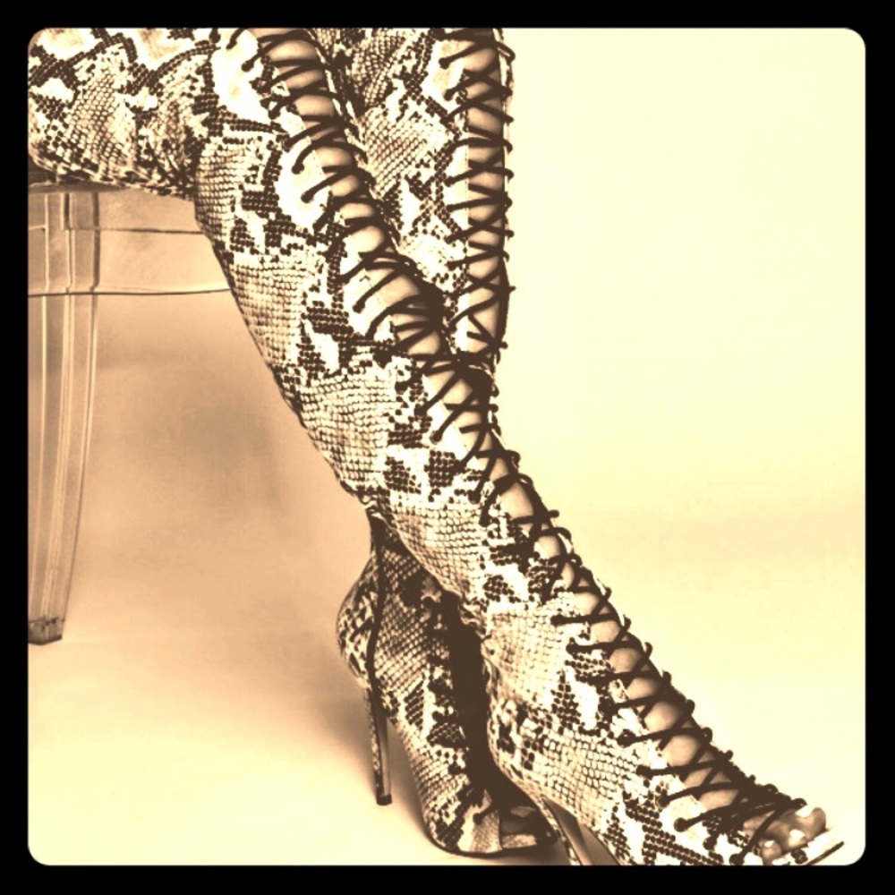 Beige Snake Lace Up Stiletto High Thigh Boots